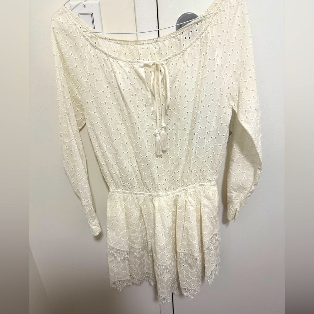 White Eyelet & Lace Long Sleeve Double Tiered Mini Dress. Size Medium.